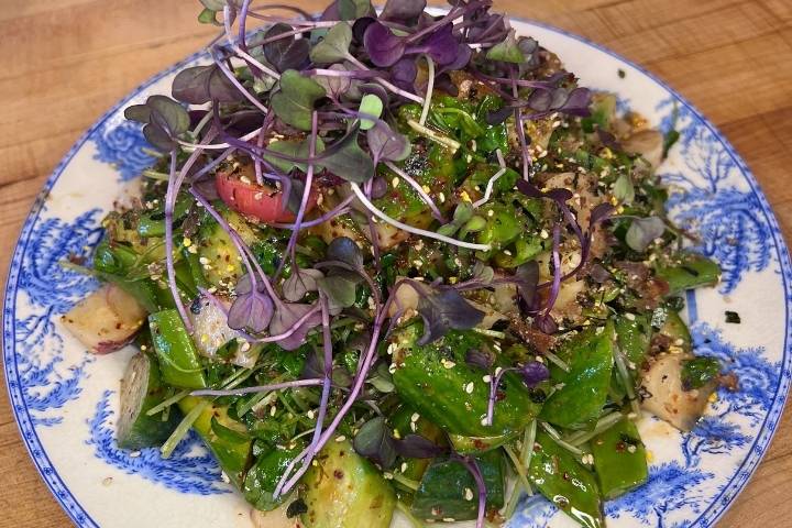 Cucumber, Radish, and Snap Pea Salad with Miso Lime Vinaigrette
