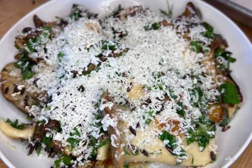 Herbed Mushroom Salad with Truffle Pecorino and Puffed Red Rice