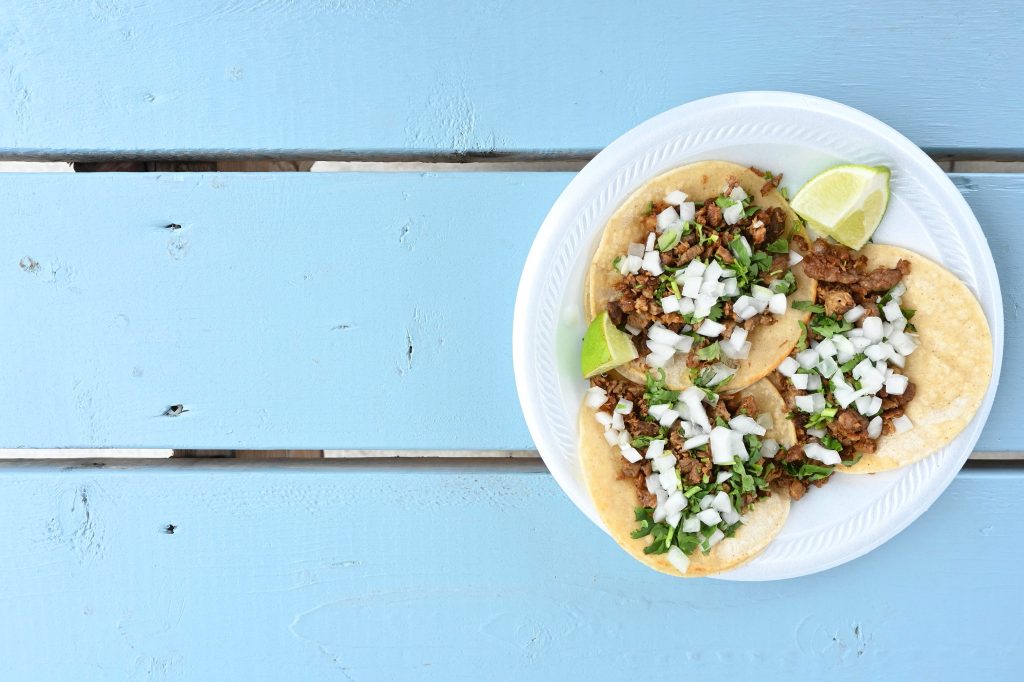 Carne asada tacos (carne asada tacos), top view, copy space.