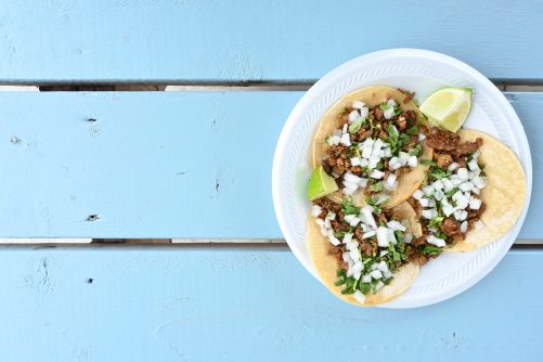 Carne asada tacos (carne asada tacos), top view, copy space.