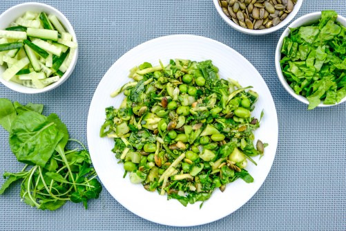 Fresh Green Summer Salad With Edamame Beans, Cucumber, Sunflower Seeds and Green Leaves